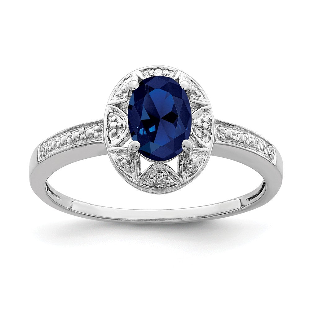 925 Sterling Silver Rhodium-plated Diamond & Created Sapphire Ring, Size: 7