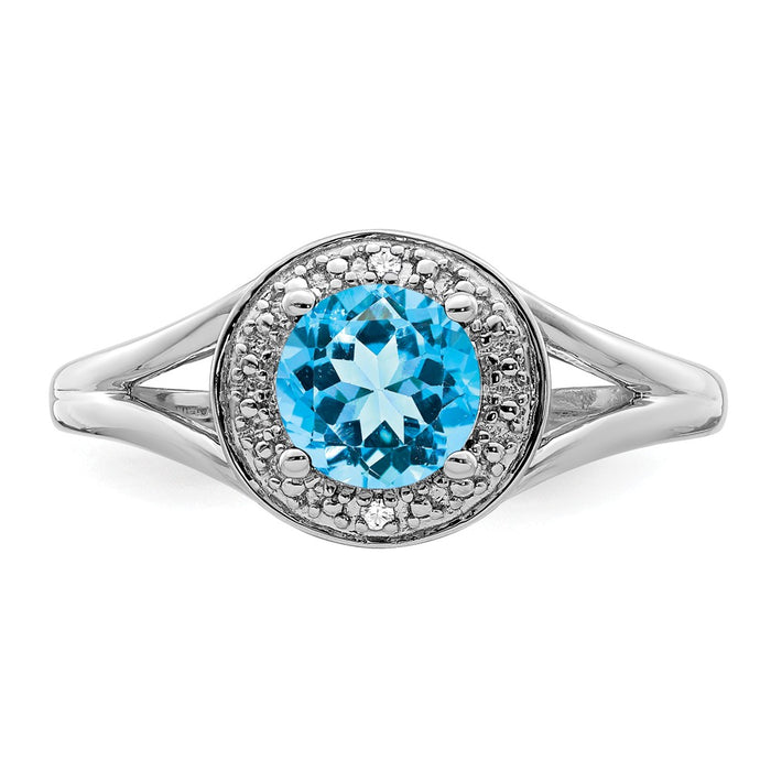 925 Sterling Silver Rhodium-plated Diamond & Blue Topaz Ring, Size: 6