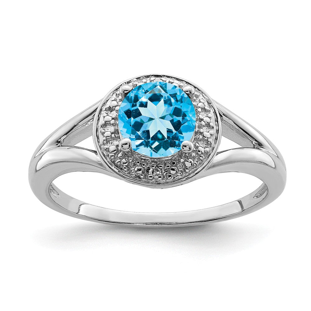 925 Sterling Silver Rhodium-plated Diamond & Blue Topaz Ring, Size: 8