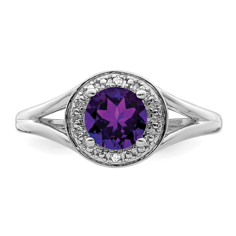 925 Sterling Silver Rhodium-plated Diamond & Amethyst Ring, Size: 8
