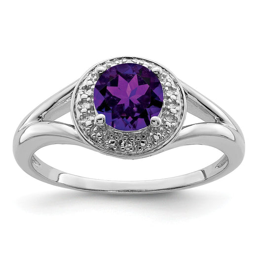 925 Sterling Silver Rhodium-plated Diamond & Amethyst Ring, Size: 8
