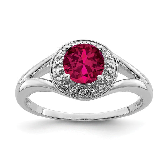 925 Sterling Silver Rhodium-plated Diamond & Created Ruby Ring, Size: 9