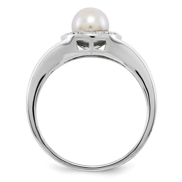 925 Sterling Silver Rhodium-plated Diamond & Freshwater Cultured Pearl Ring, Size: 6