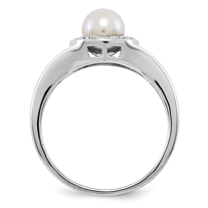 925 Sterling Silver Rhodium-plated Diamond & Freshwater Cultured Pearl Ring, Size: 8