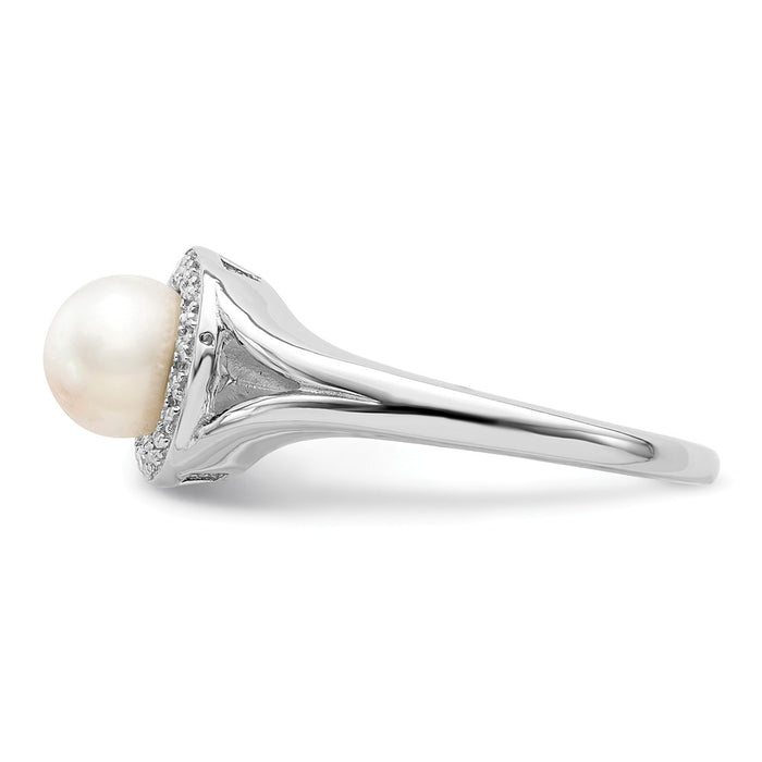 925 Sterling Silver Rhodium-plated Diamond & Freshwater Cultured Pearl Ring, Size: 7