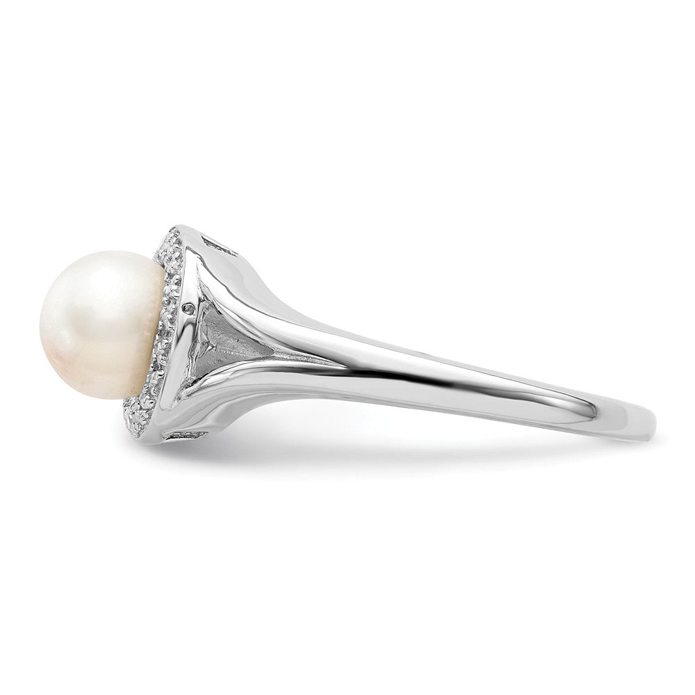 925 Sterling Silver Rhodium-plated Diamond & Freshwater Cultured Pearl Ring, Size: 8