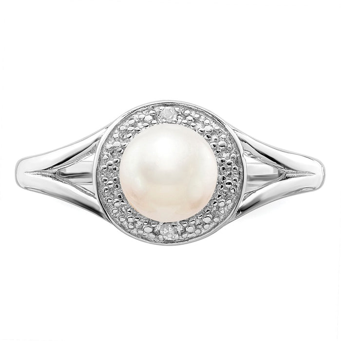 925 Sterling Silver Rhodium-plated Diamond & Freshwater Cultured Pearl Ring, Size: 9