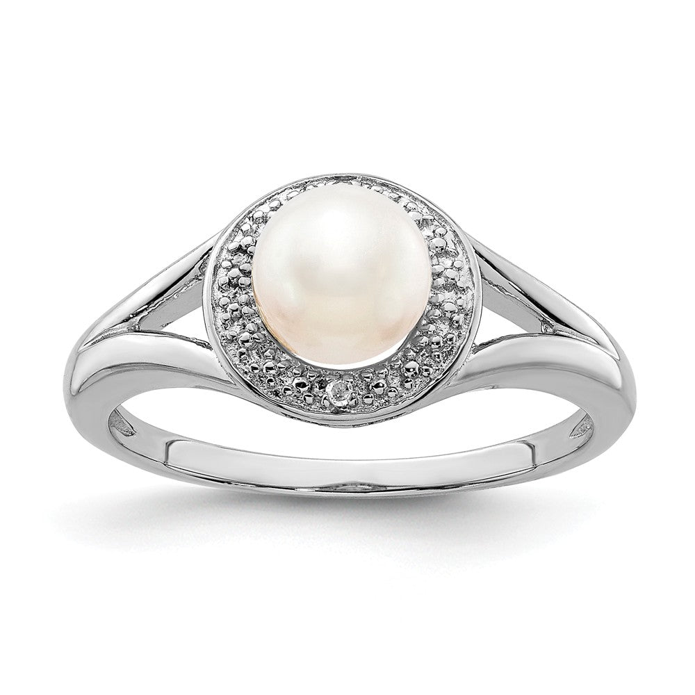 925 Sterling Silver Rhodium-plated Diamond & Freshwater Cultured Pearl Ring, Size: 9