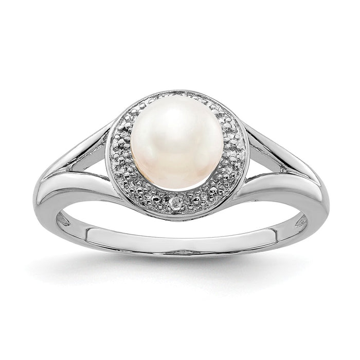 925 Sterling Silver Rhodium-plated Diamond & Freshwater Cultured Pearl Ring, Size: 8