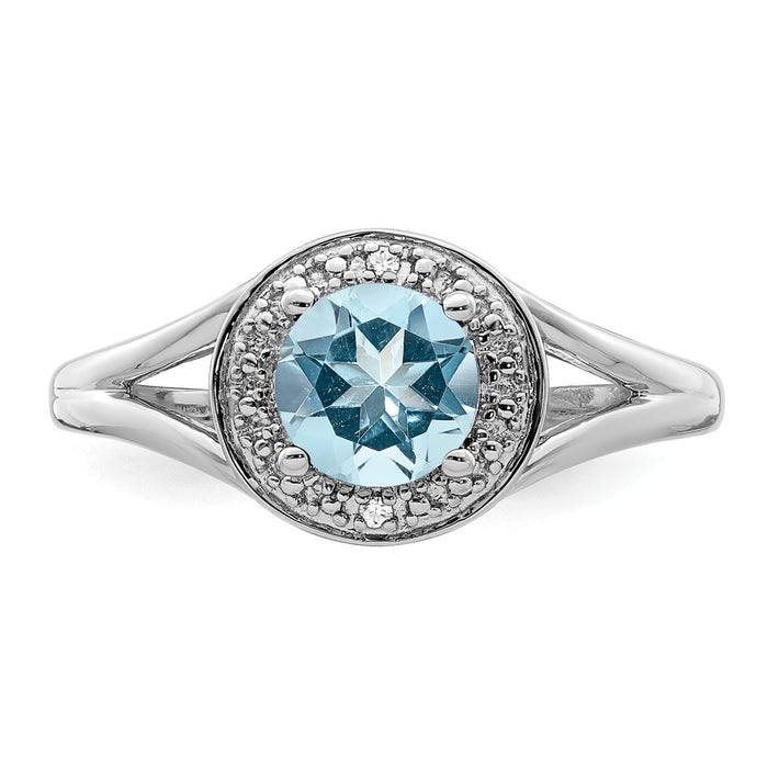 925 Sterling Silver Rhodium-plated Diamond & Aquamarine Ring, Size: 8