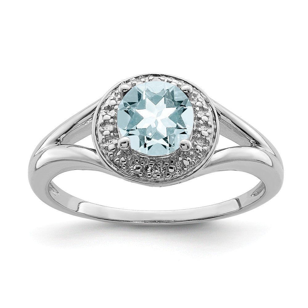 925 Sterling Silver Rhodium-plated Diamond & Aquamarine Ring, Size: 8
