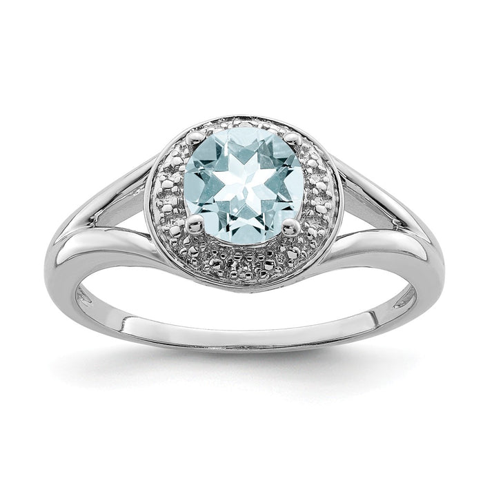 925 Sterling Silver Rhodium-plated Diamond & Aquamarine Ring, Size: 10