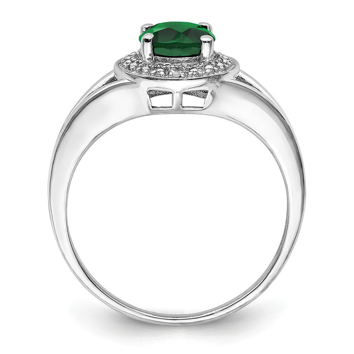 925 Sterling Silver Rhodium-plated Diamond & Created Emerald Ring, Size: 7