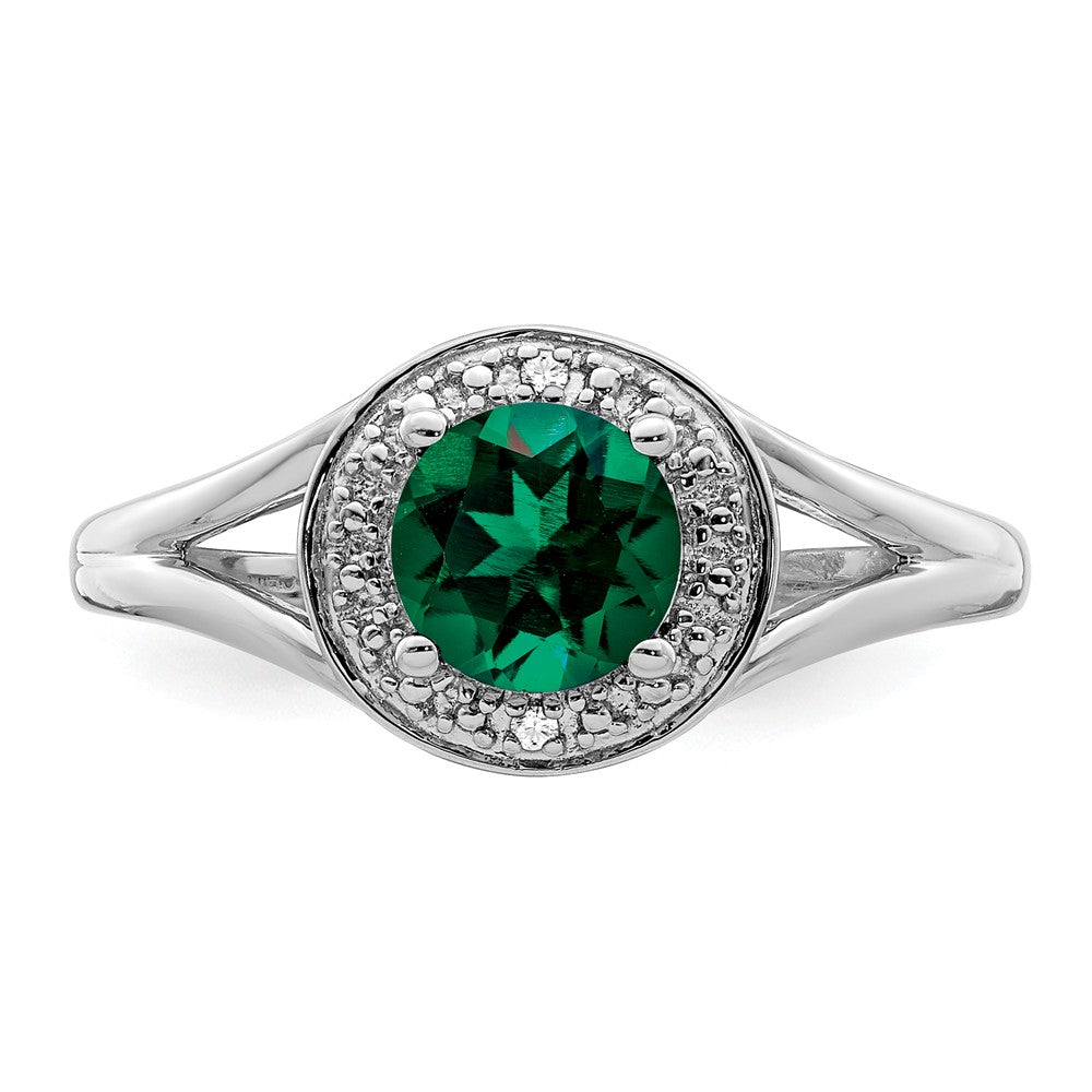 925 Sterling Silver Rhodium-plated Diamond & Created Emerald Ring, Size: 7