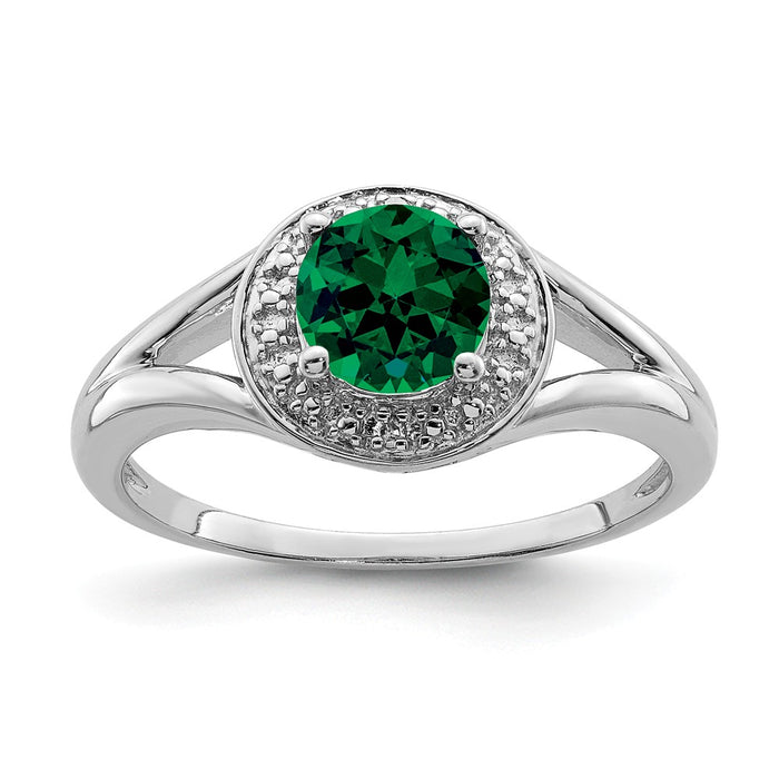 925 Sterling Silver Rhodium-plated Diamond & Created Emerald Ring, Size: 7