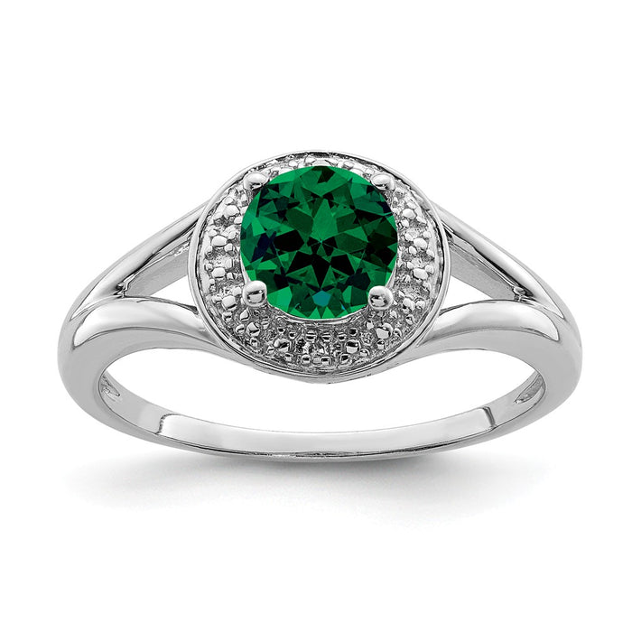 925 Sterling Silver Rhodium-plated Diamond & Created Emerald Ring, Size: 10