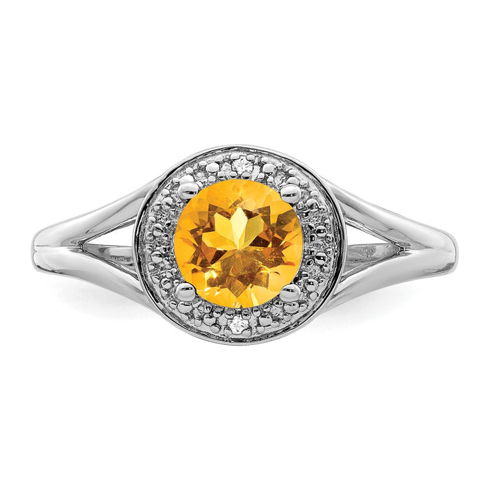 925 Sterling Silver Rhodium-plated Diamond & Citrine Ring, Size: 6