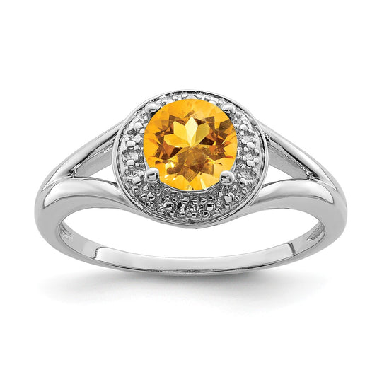 925 Sterling Silver Rhodium-plated Diamond & Citrine Ring, Size: 8