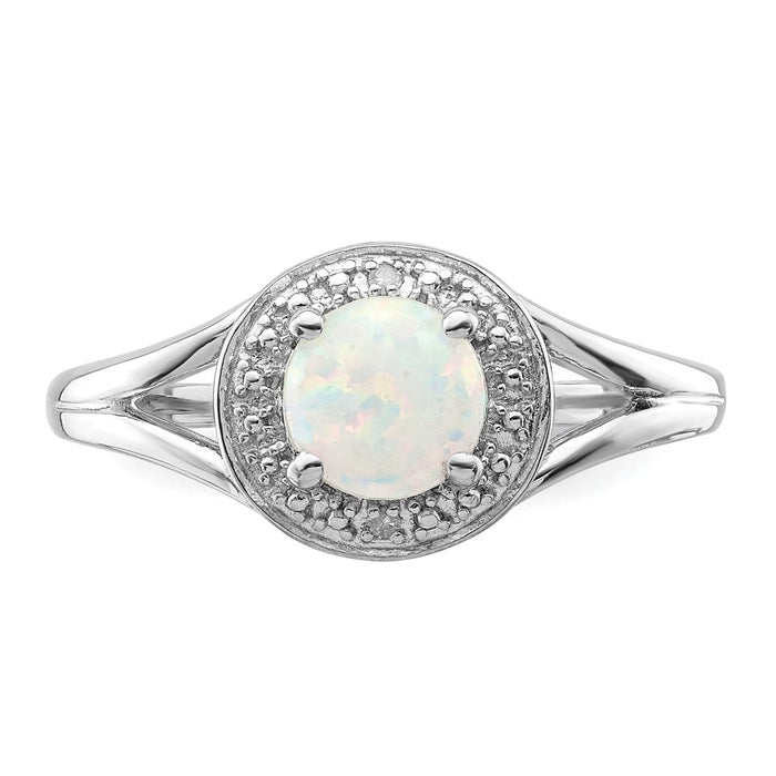 925 Sterling Silver Rhodium-plated Diamond & Created Opal Ring, Size: 6