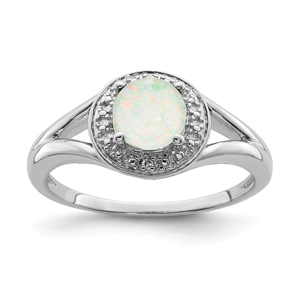 925 Sterling Silver Rhodium-plated Diamond & Created Opal Ring, Size: 8