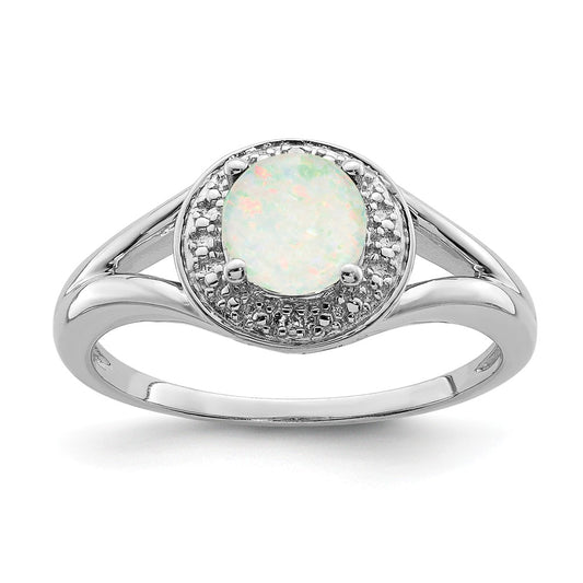 925 Sterling Silver Rhodium-plated Diamond & Created Opal Ring, Size: 5