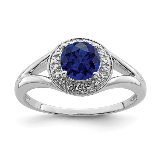 925 Sterling Silver Rhodium-plated Diamond & Created Sapphire Ring, Size: 5