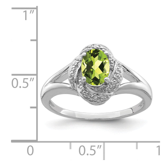 925 Sterling Silver Rhodium-plated Diamond & Peridot Ring, Size: 6