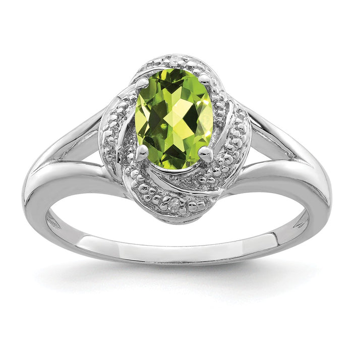 925 Sterling Silver Rhodium-plated Diamond & Peridot Ring, Size: 6