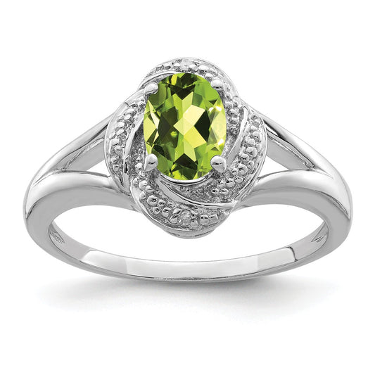 925 Sterling Silver Rhodium-plated Diamond & Peridot Ring, Size: 5