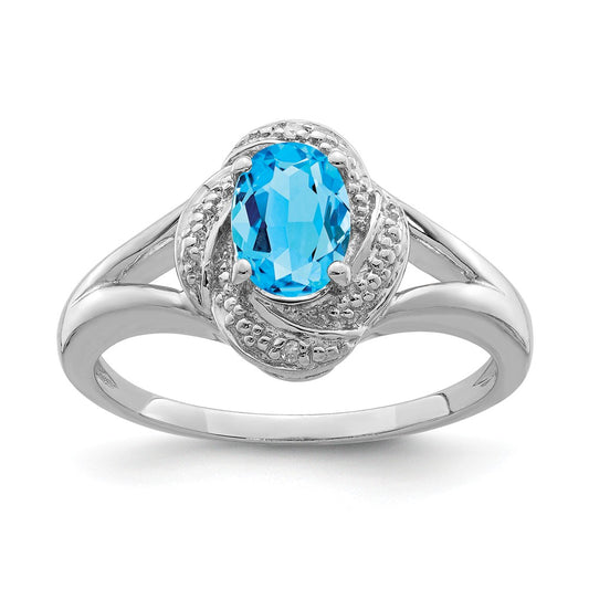 925 Sterling Silver Rhodium-plated Diamond & Blue Topaz Ring, Size: 5