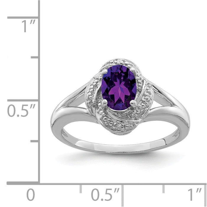 925 Sterling Silver Rhodium-plated Diamond & Amethyst Ring, Size: 9