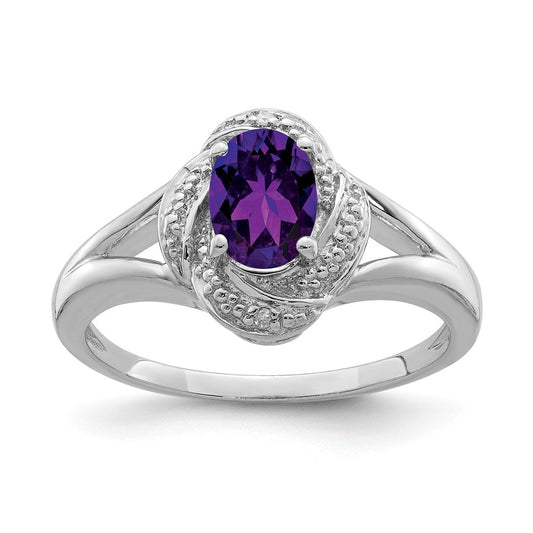 925 Sterling Silver Rhodium-plated Diamond & Amethyst Ring, Size: 5