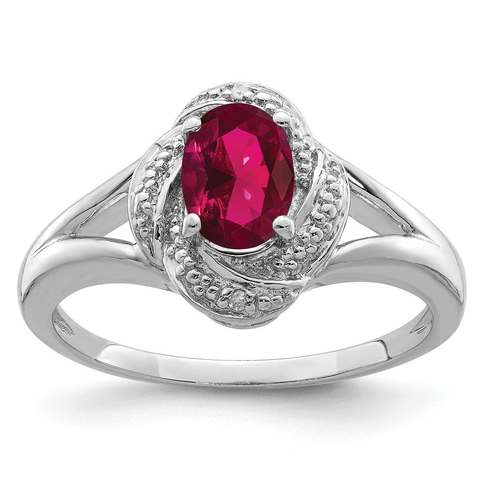 925 Sterling Silver Rhodium-plated Diamond & Created Ruby Ring, Size: 7