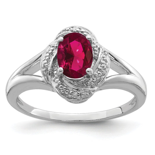 925 Sterling Silver Rhodium-plated Diamond & Created Ruby Ring, Size: 7