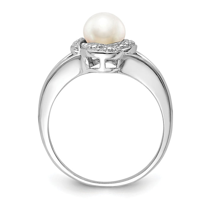 925 Sterling Silver Rhodium-plated Diamond & Freshwater Cultured Pearl Ring, Size: 6