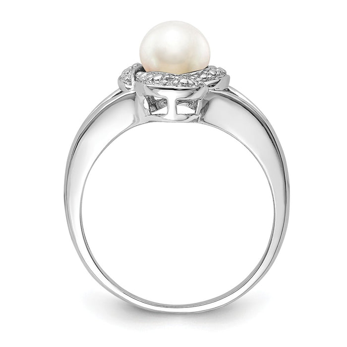 925 Sterling Silver Rhodium-plated Diamond & Freshwater Cultured Pearl Ring, Size: 5