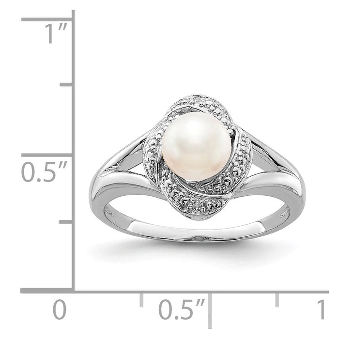 925 Sterling Silver Rhodium-plated Diamond & Freshwater Cultured Pearl Ring, Size: 6