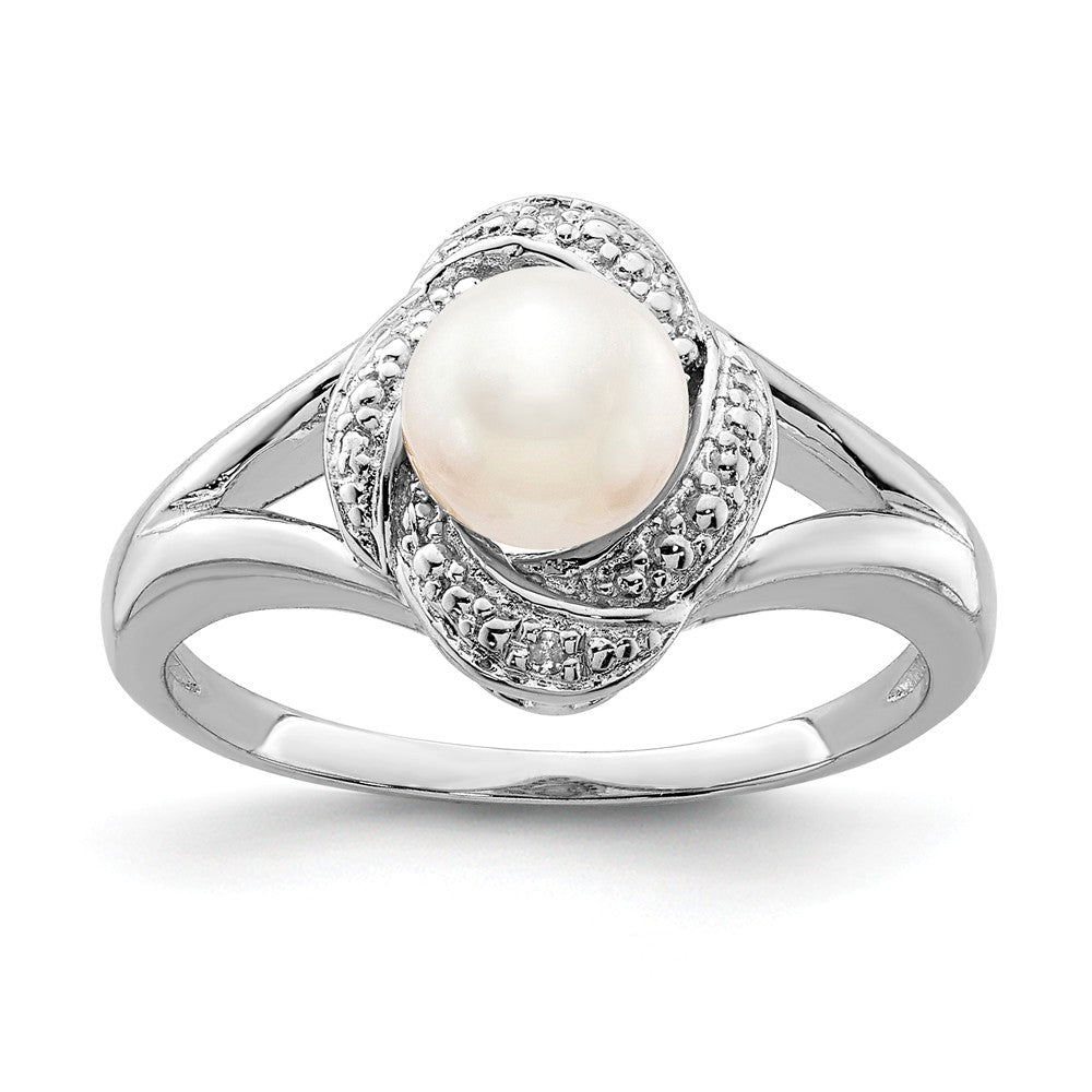 925 Sterling Silver Rhodium-plated Diamond & Freshwater Cultured Pearl Ring, Size: 10