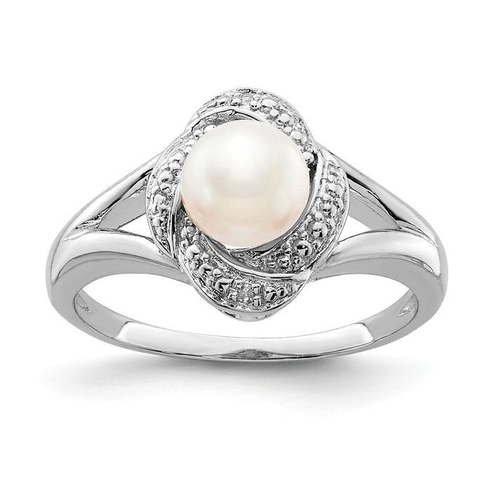 925 Sterling Silver Rhodium-plated Diamond & Freshwater Cultured Pearl Ring, Size: 9