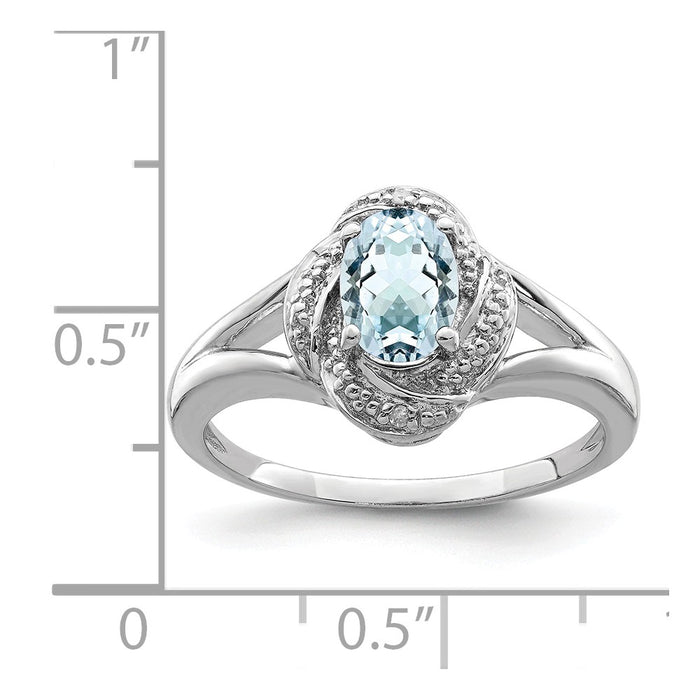 925 Sterling Silver Rhodium-plated Diamond & Aquamarine Ring, Size: 7