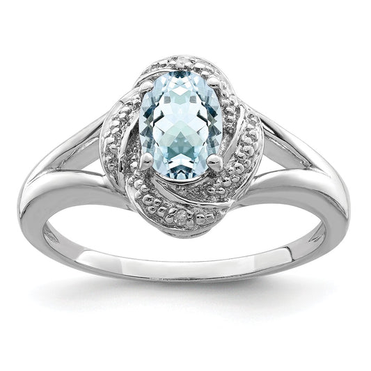 925 Sterling Silver Rhodium-plated Diamond & Aquamarine Ring, Size: 6