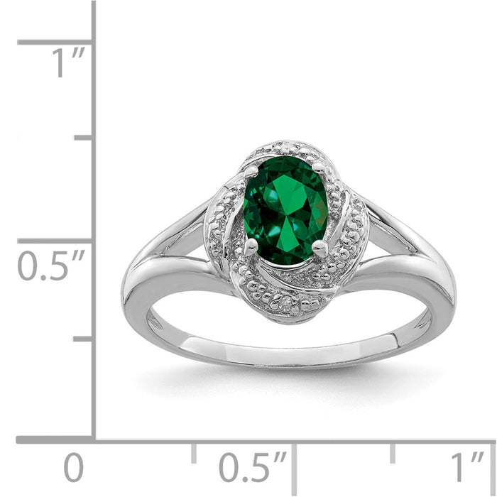 925 Sterling Silver Rhodium-plated Diamond & Created Emerald Ring, Size: 9