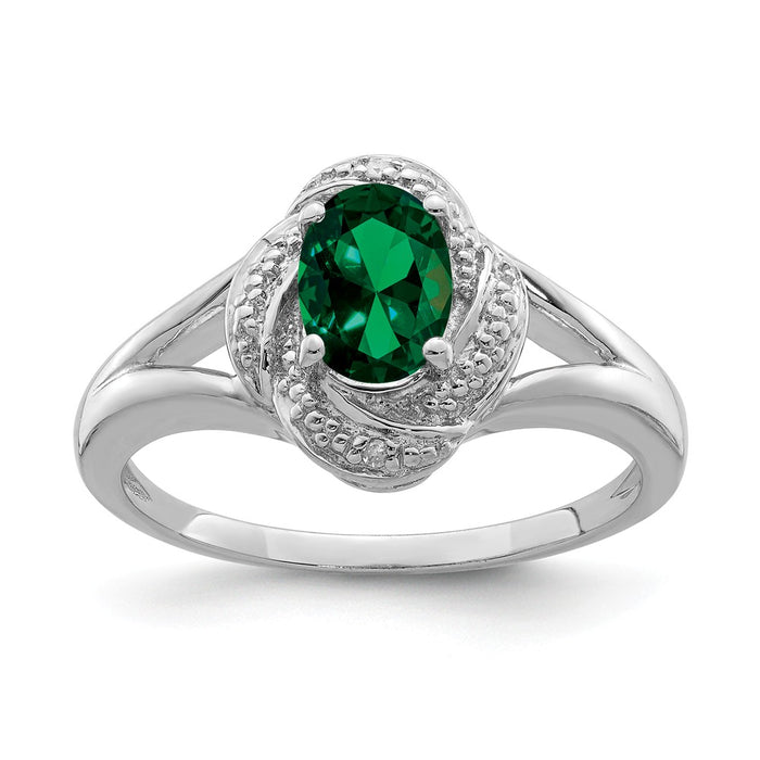 925 Sterling Silver Rhodium-plated Diamond & Created Emerald Ring, Size: 7