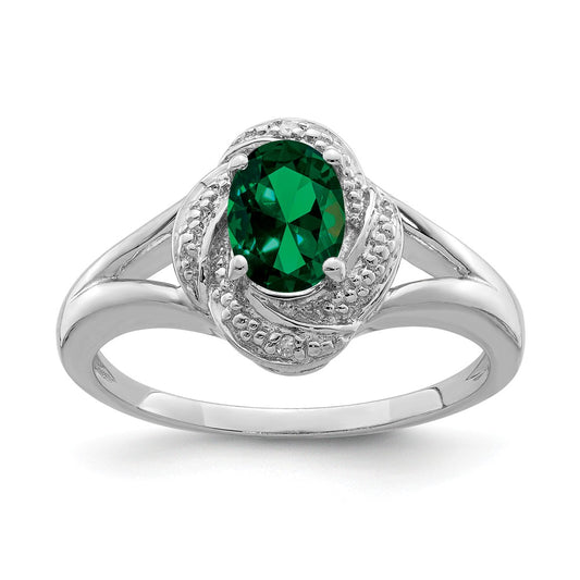925 Sterling Silver Rhodium-plated Diamond & Created Emerald Ring, Size: 5
