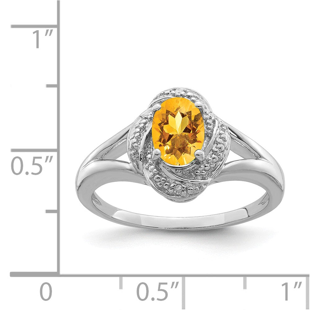 925 Sterling Silver Rhodium-plated Diamond & Citrine Ring, Size: 5