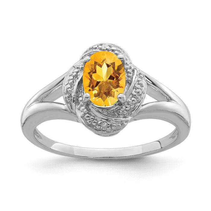 925 Sterling Silver Rhodium-plated Diamond & Citrine Ring, Size: 6