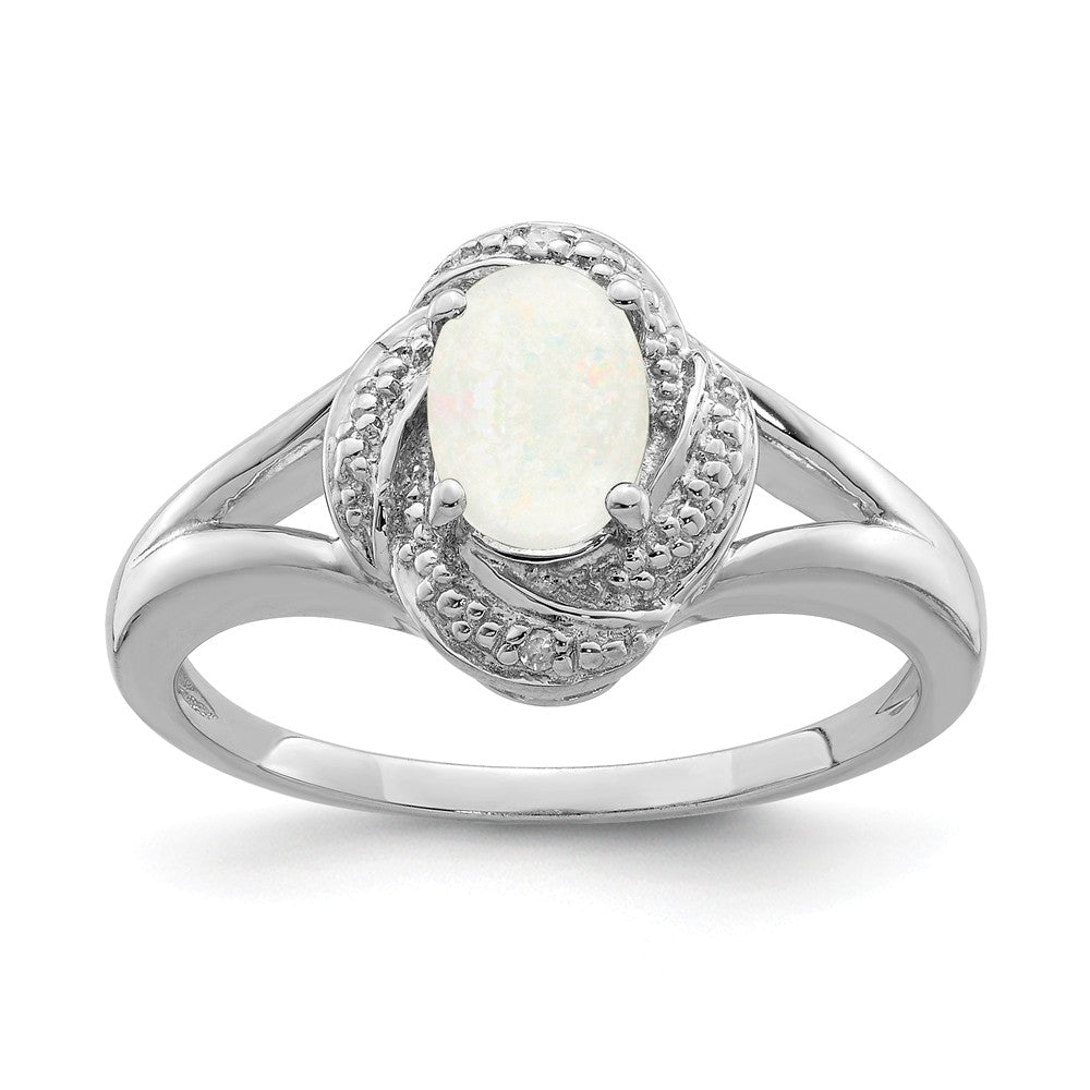 925 Sterling Silver Rhodium-plated Diamond & Created Opal Ring, Size: 6