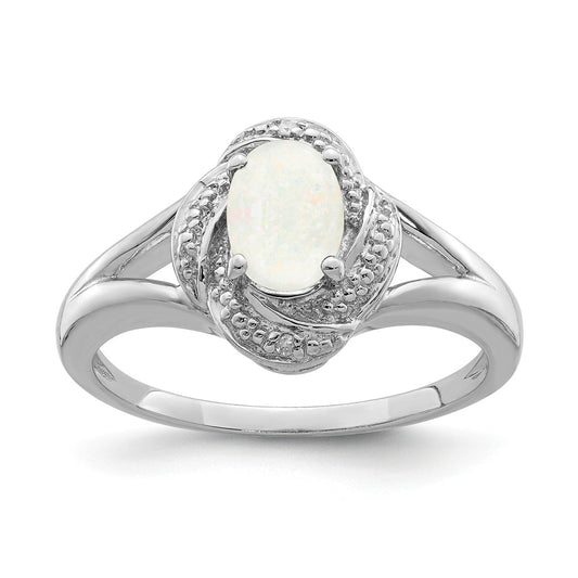 925 Sterling Silver Rhodium-plated Diamond & Created Opal Ring, Size: 6