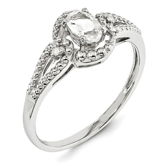 925 Sterling Silver Rhodium-plated White Topaz & Diamond Ring, Size: 9