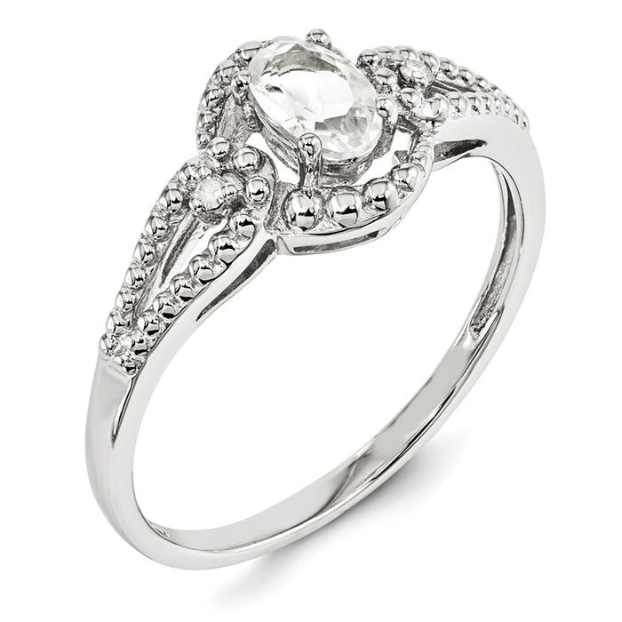 925 Sterling Silver Rhodium-plated White Topaz & Diamond Ring, Size: 6